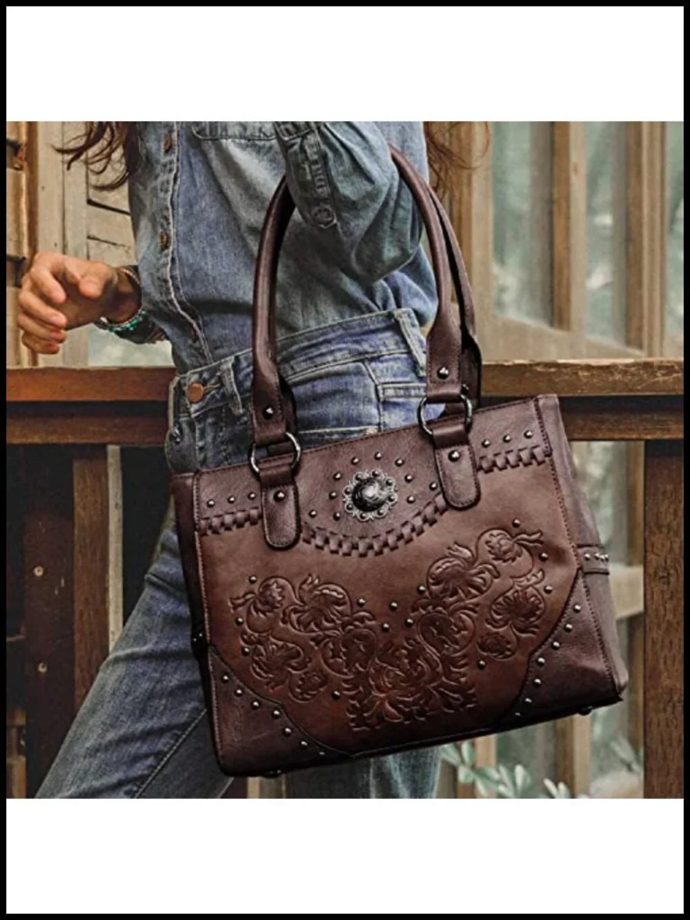 Western Tote Bag for Women Large Vintage Embossed Flower Concho Studs Top